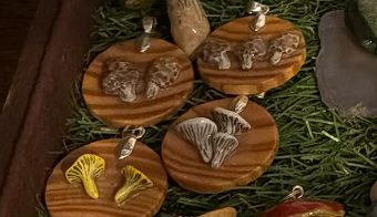 Mushroom pendants on wood by Stone Grown